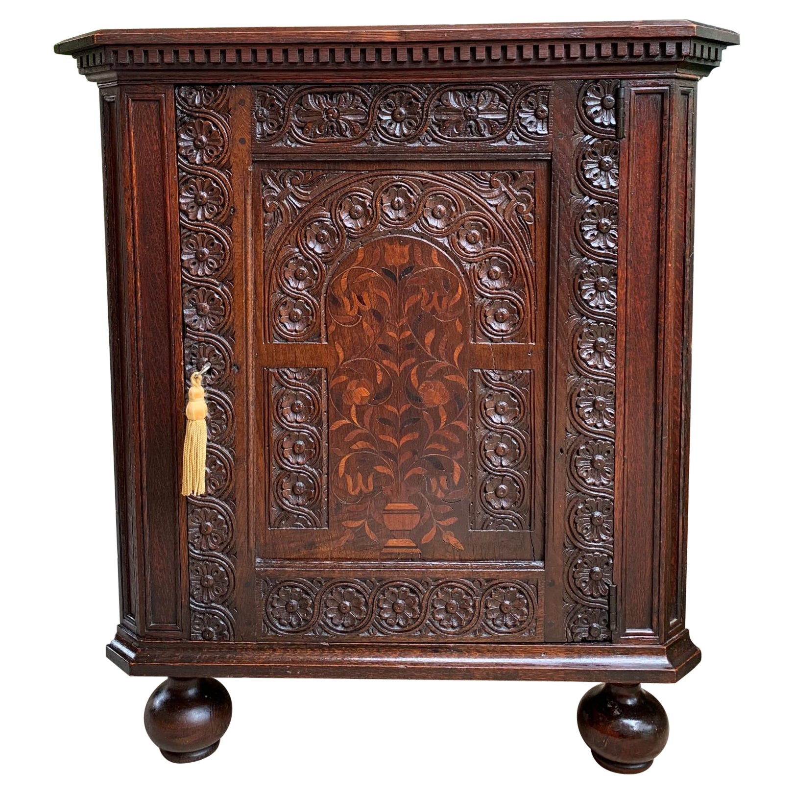 Antique English Carved Oak Corner Cabinet Marquetry Side Table 19th Century