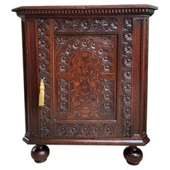 Antique English Carved Oak Corner Cabinet Marquetry Side Table 19th Century