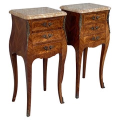 Antique Pair of French Marquetry Nightstands with Three Drawers and Bronze Hardware
