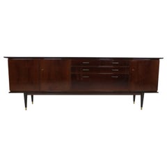 High Gloss Mid-Century Modern Walnut & Brass Large Sideboard, Denmark, 1960's