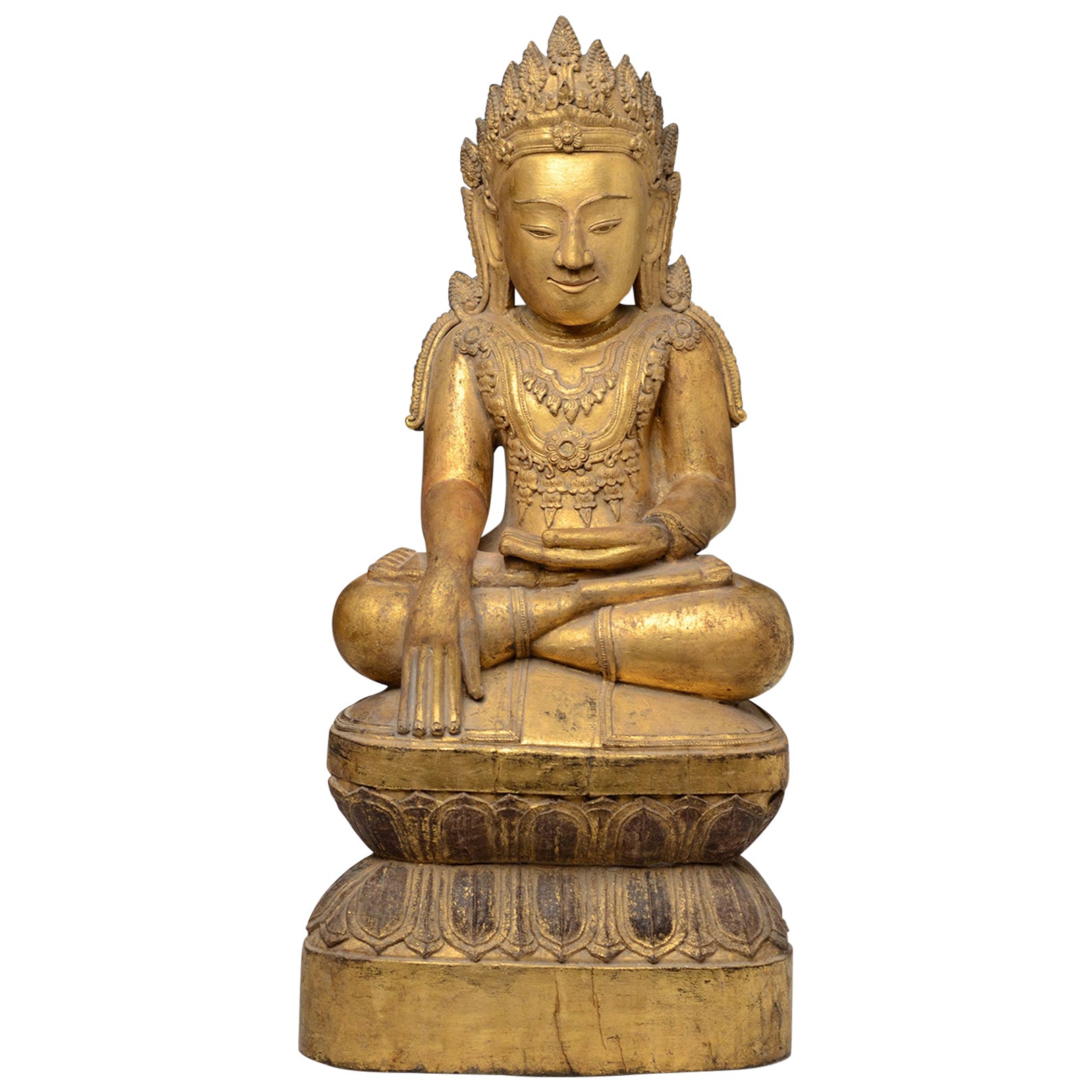 Early 15th Century, Early Ava, Antique Burmese Wooden Seated Crowned Buddha