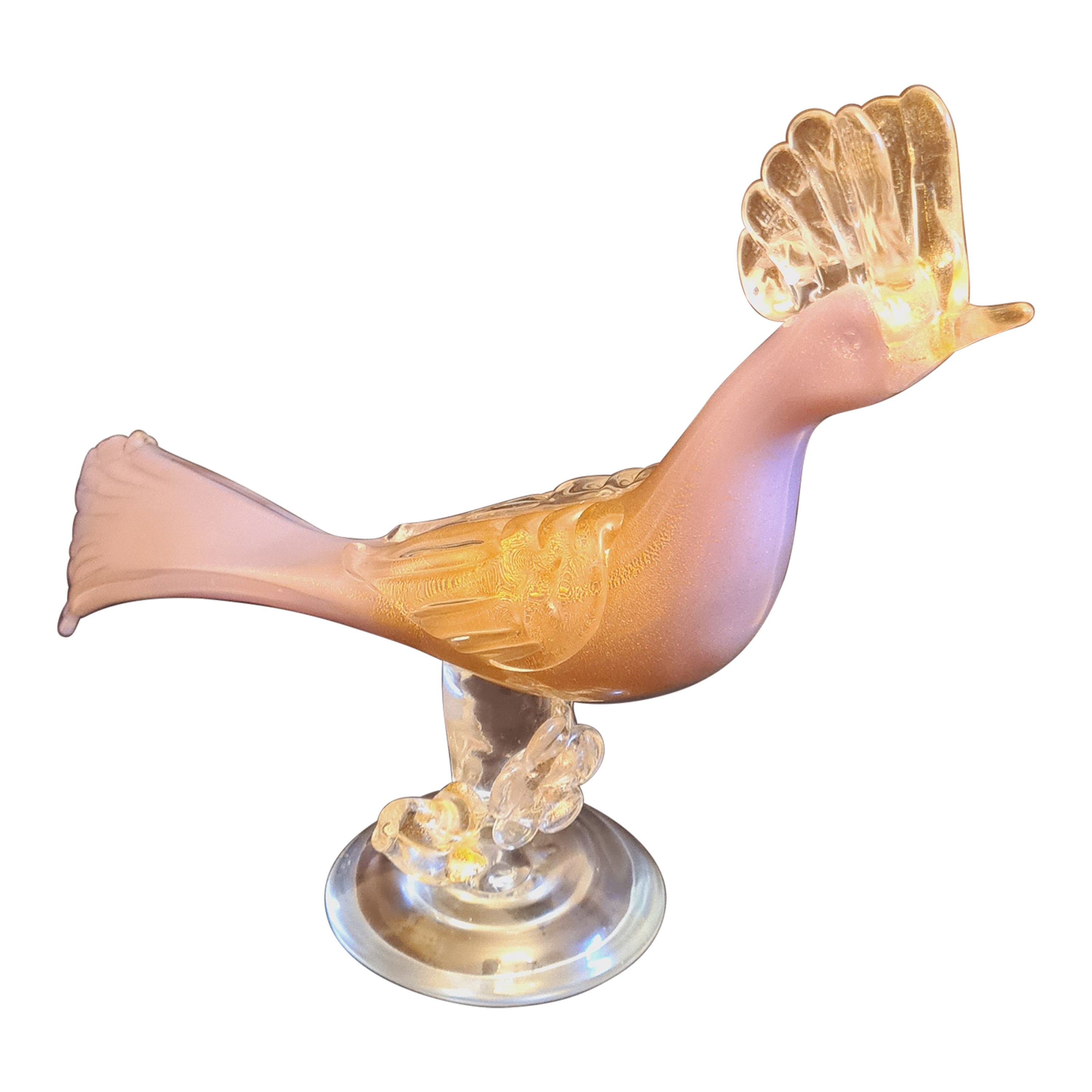 Large pink opal bird with gold leaf by Alfredo Barbini for Cenedese 1940 For Sale
