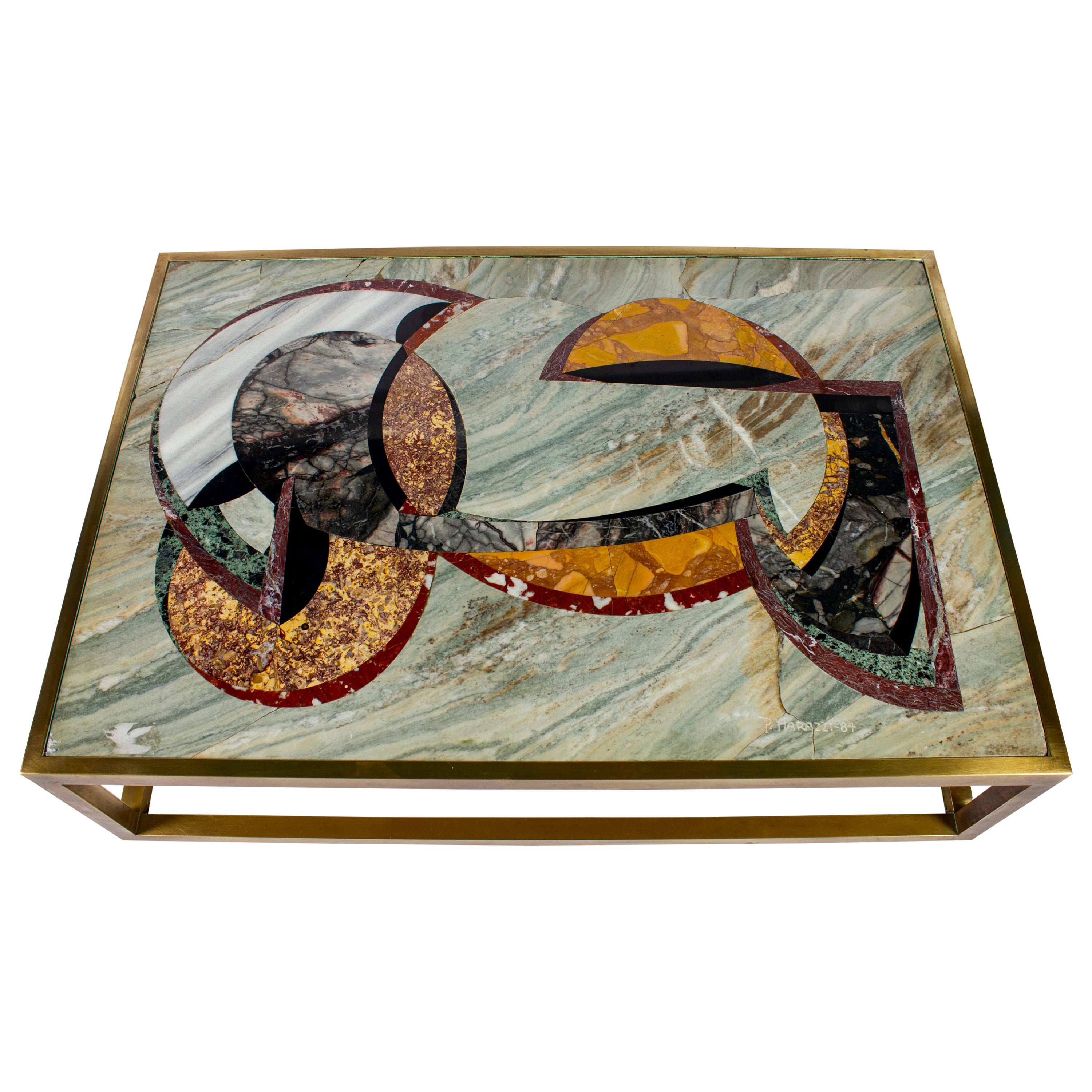 Couchtisch oder Cocktailtisch mit antiker Marmorplatte, signiert  von P. Marazzi