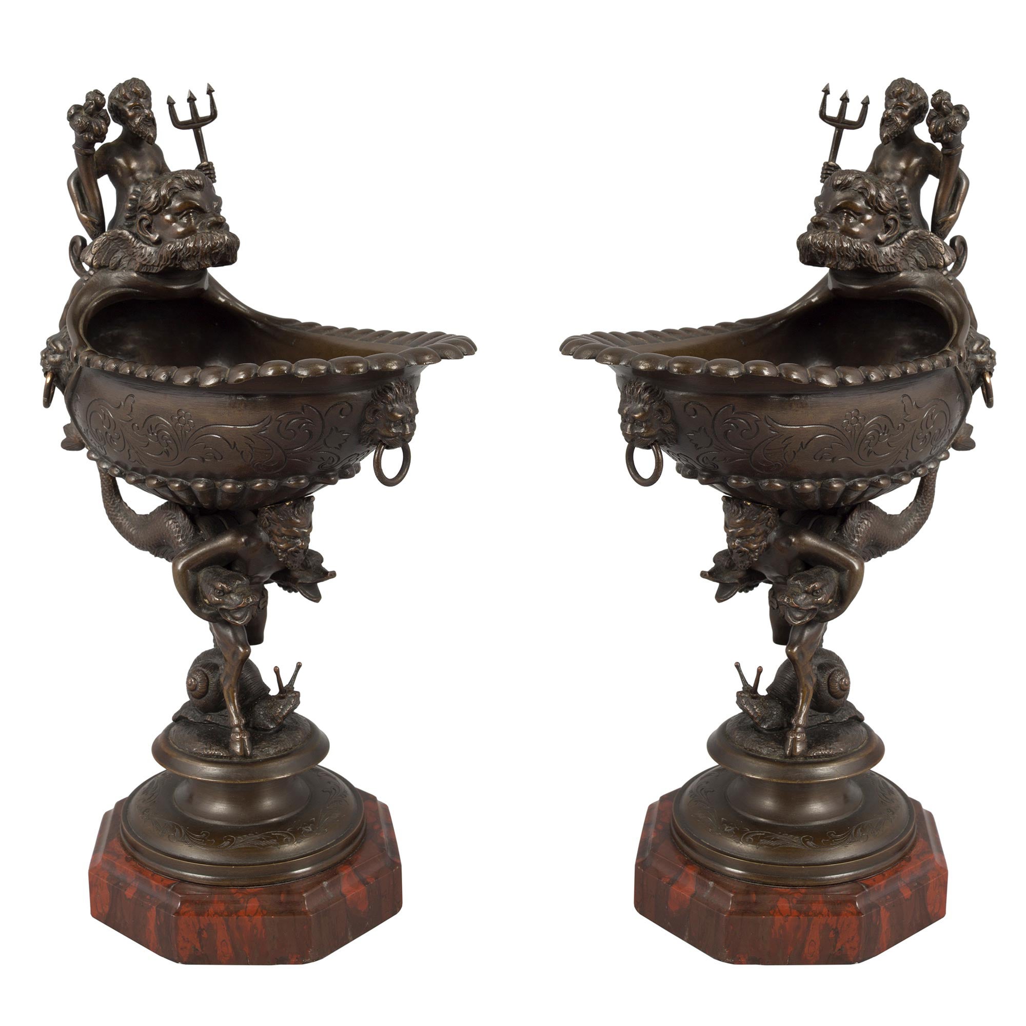 Pair of French Mid-19th Century Renaissance Style Bronze and Marble Ewers For Sale