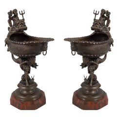 Pair of French Mid-19th Century Renaissance Style Bronze and Marble Ewers