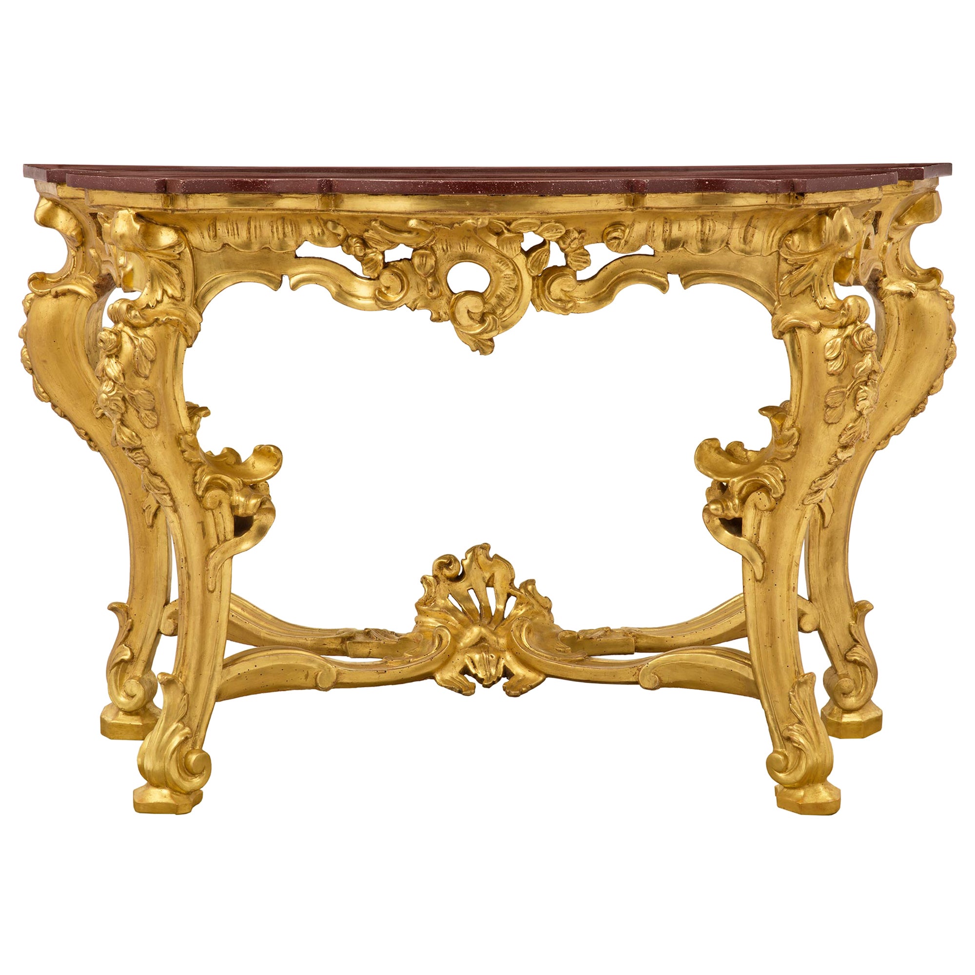  Console baroque italienne du 19ème siècle en bois doré et faux porphyre peint