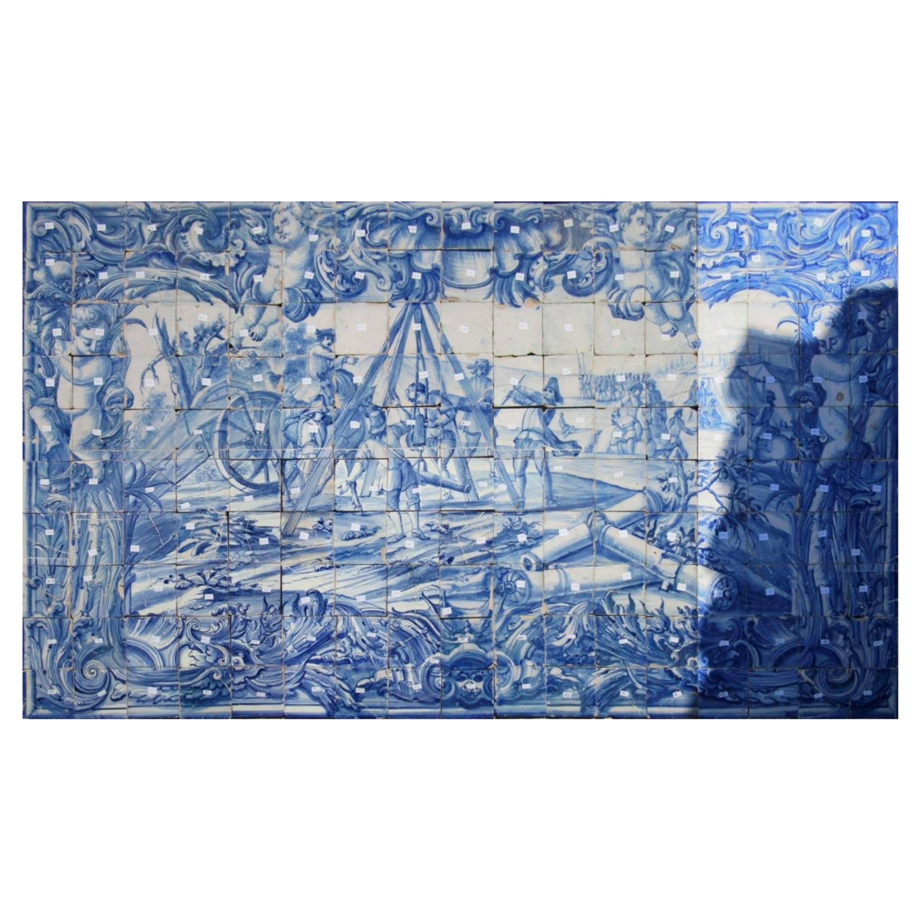 Panneau portugais du 18ème siècle « Azulejos » « Scène de bouteille »