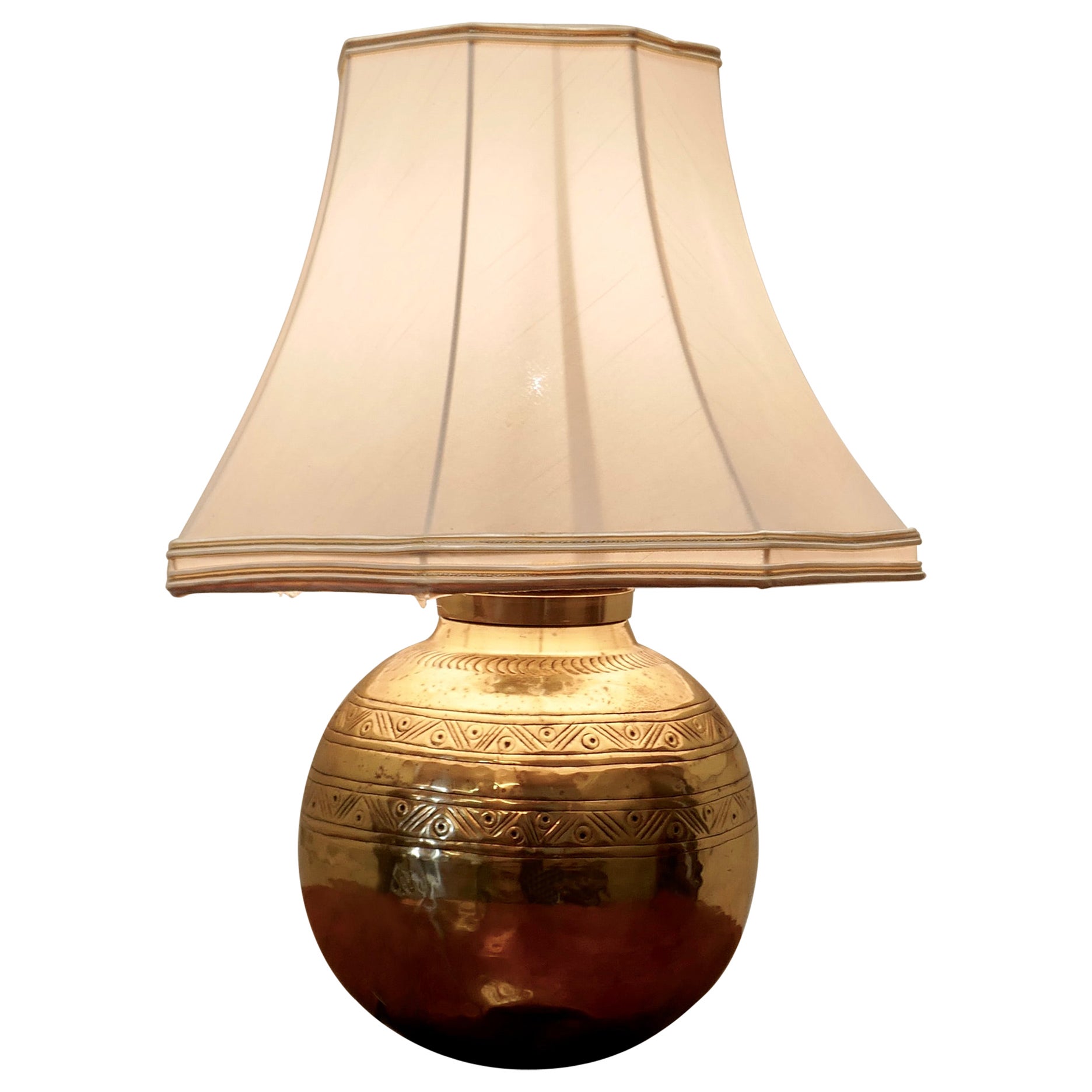 Large Brass Ball Table Lamp with Hand Beaten Decoration