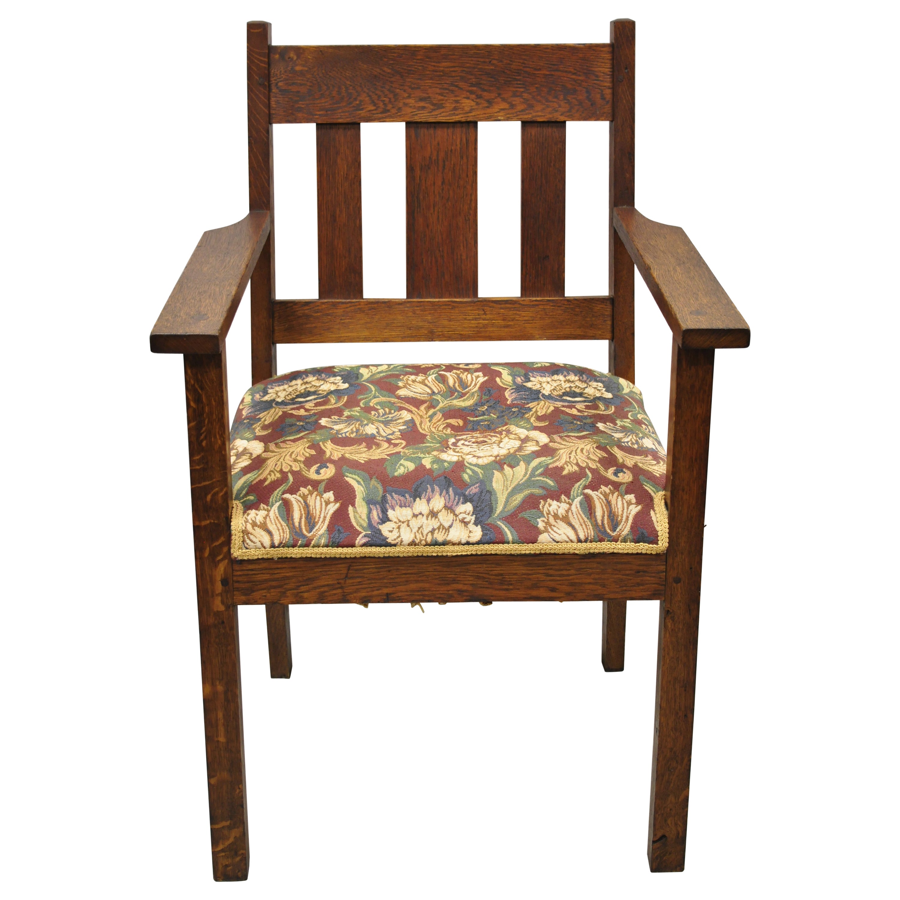 Antique Mission Oak Arts & Crafts Stickley Style Slat Back Arm Chair For Sale