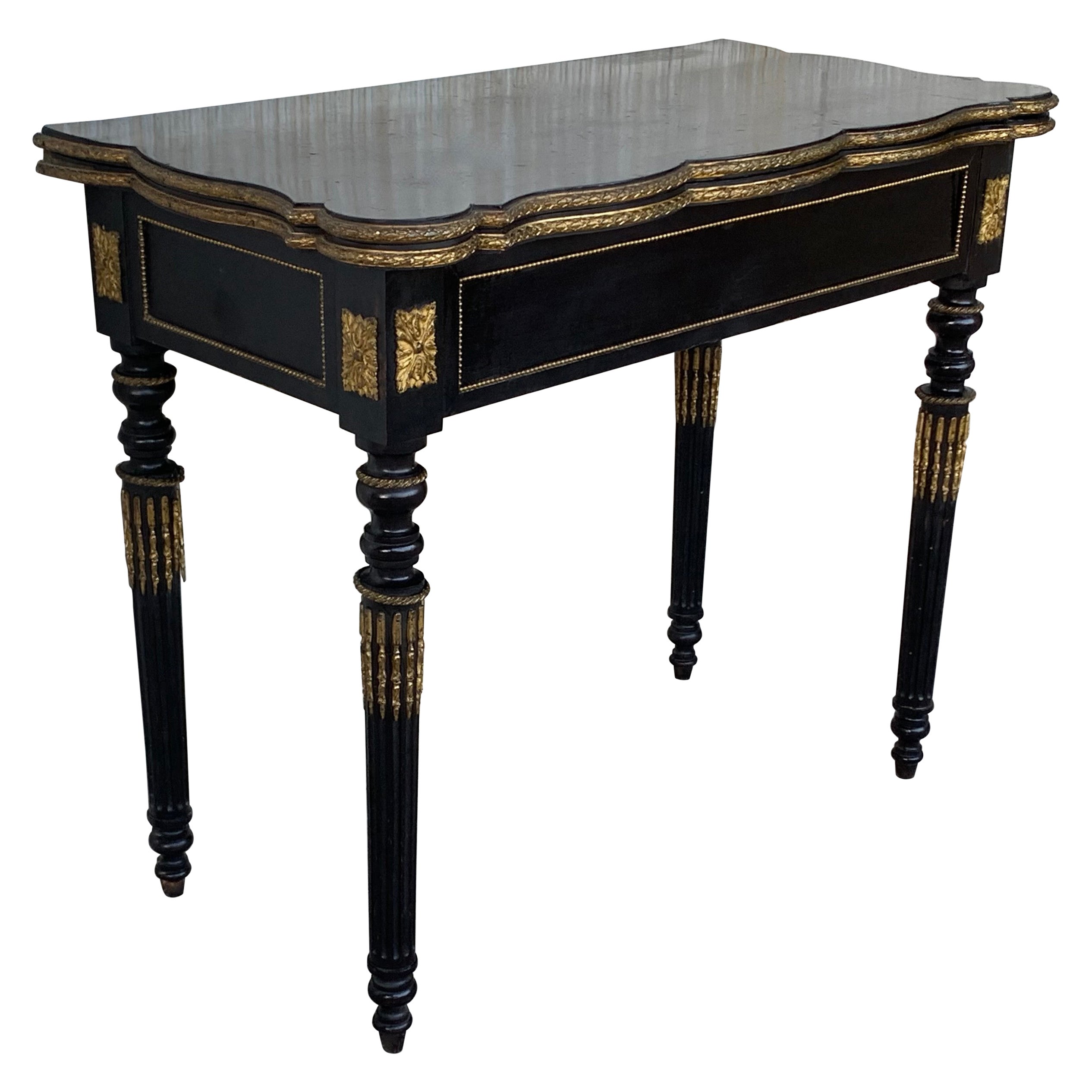 19th Century French Ebonized Folding Card Table with Bronze Mounts For Sale