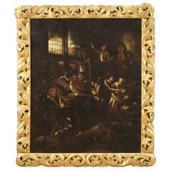18th Century Oil on Canvas Antique Flemish Interior Scene Painting, 1730
