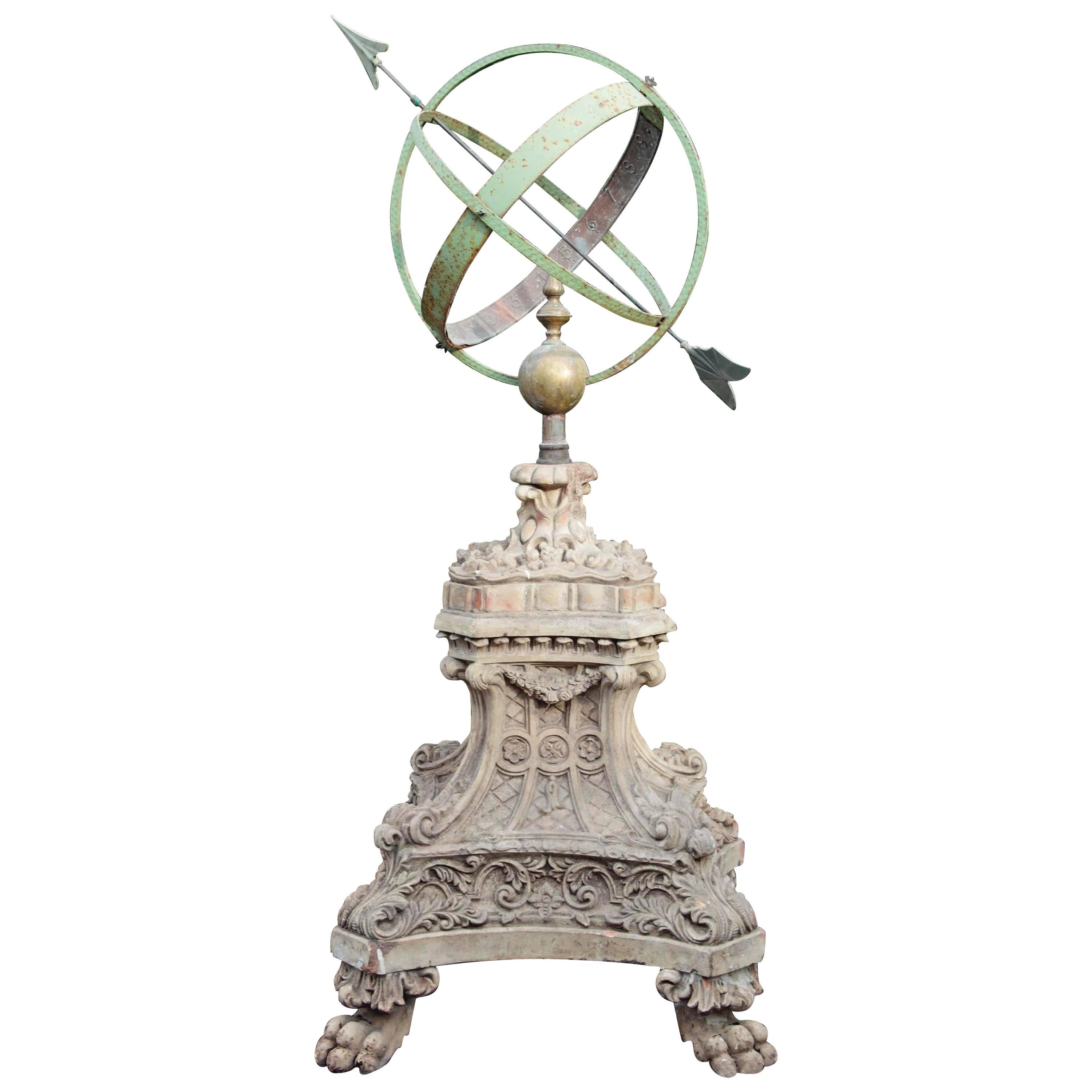 Bronze and Wrought Iron Armillary Sphere Mounted on a Terracotta Pedestal