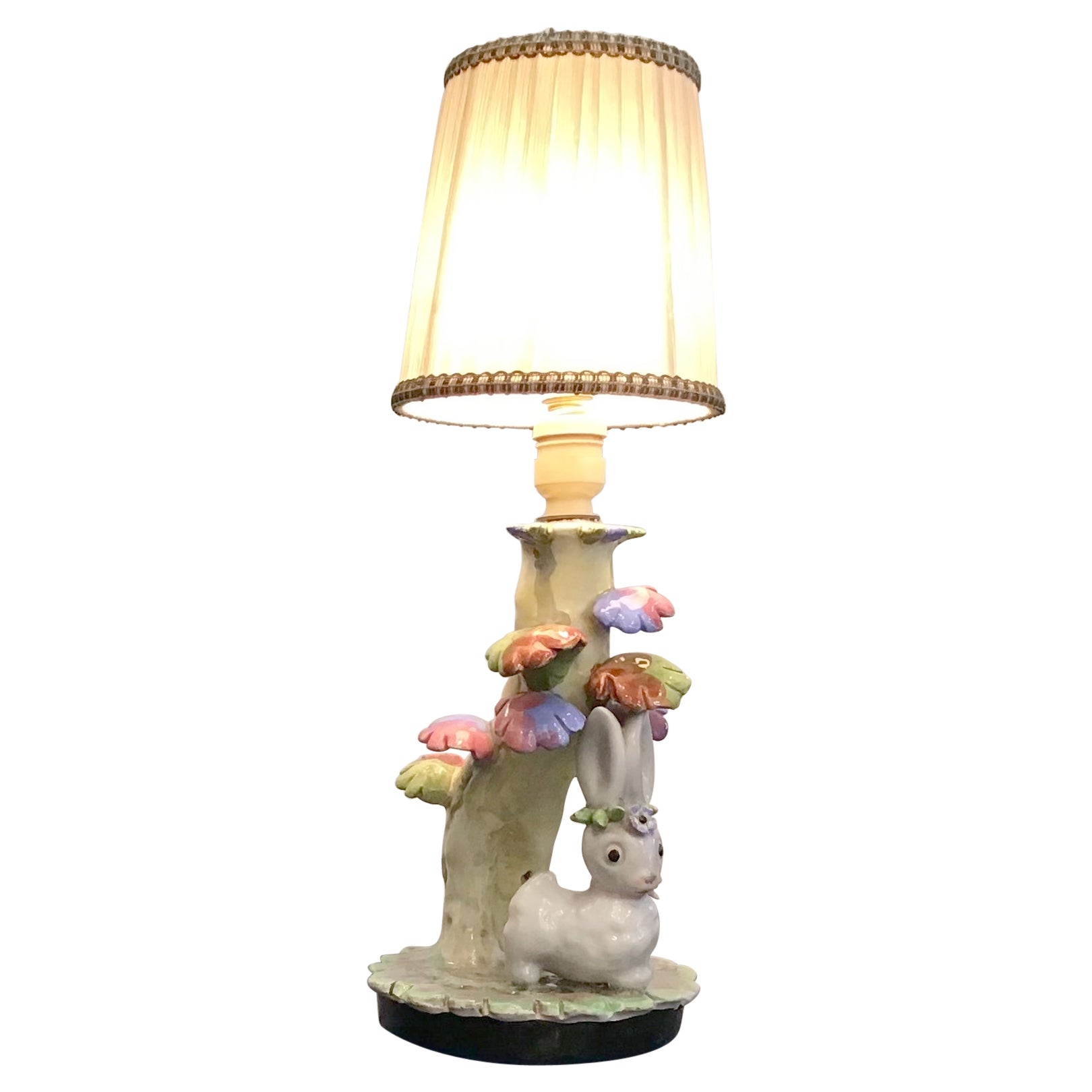 Tosin Table Lamp Ceramic Fabric Lampshade 1930, Italy For Sale