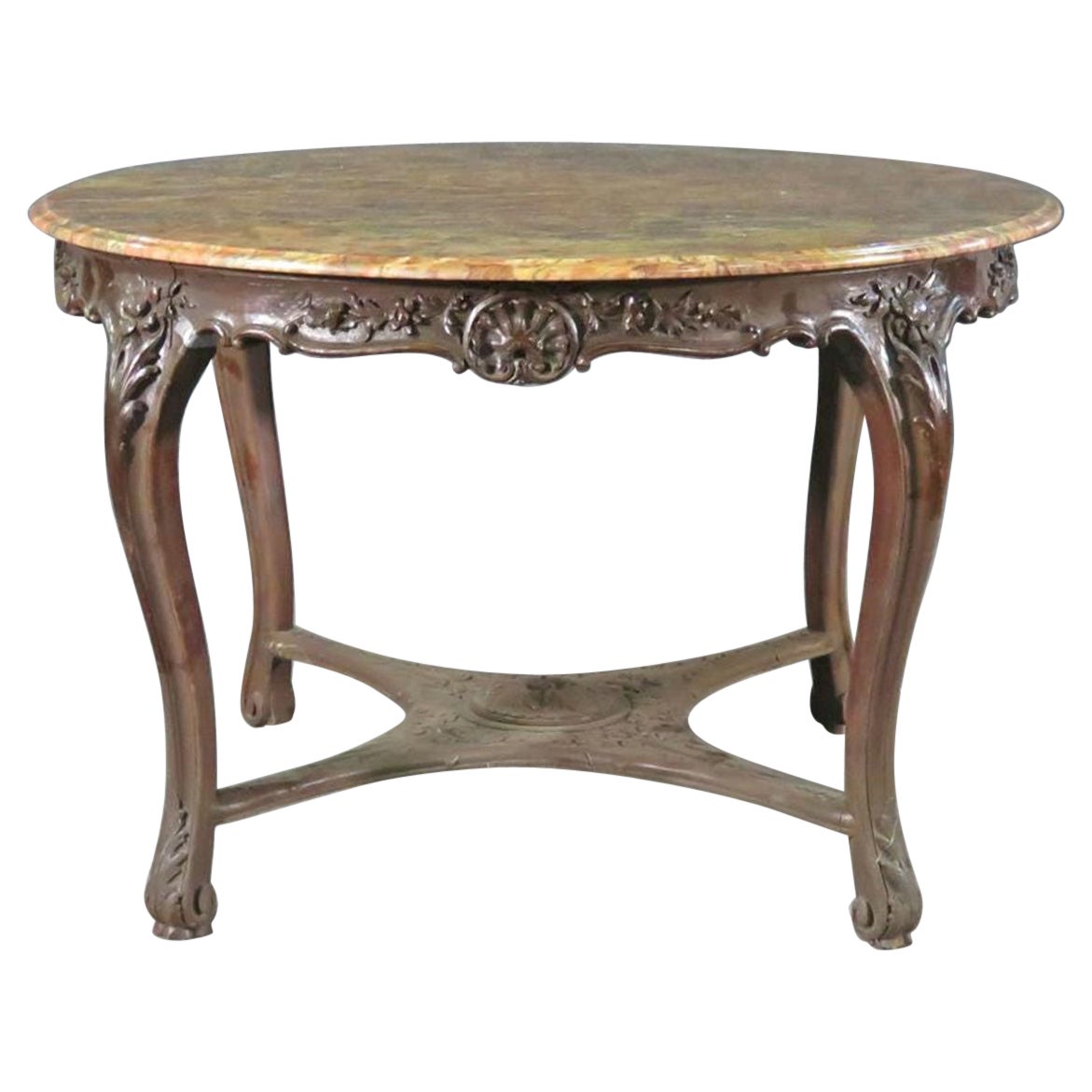 Antique French Louis XV Carved Walnut Marble Top Center Dining Breakfast Table 
