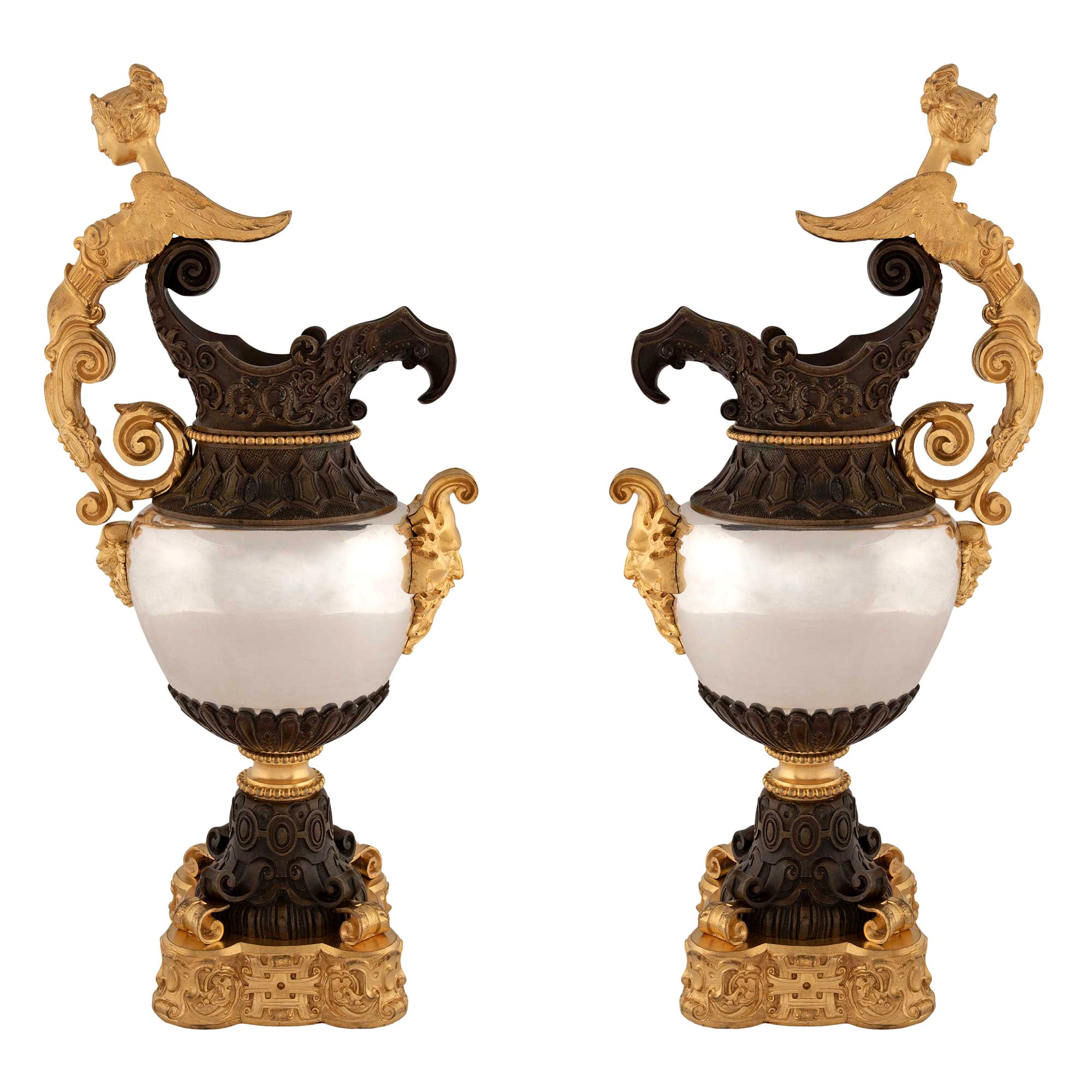 French 19th Century Renaissance Style Silvered Bronze, Ormolu and Bronze Ewers For Sale