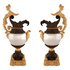 French 19th Century Renaissance Style Silvered Bronze, Ormolu and Bronze Ewers