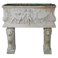 Rare Carved Italian Marble Figural Putti and Lions Marble Planter with Insert