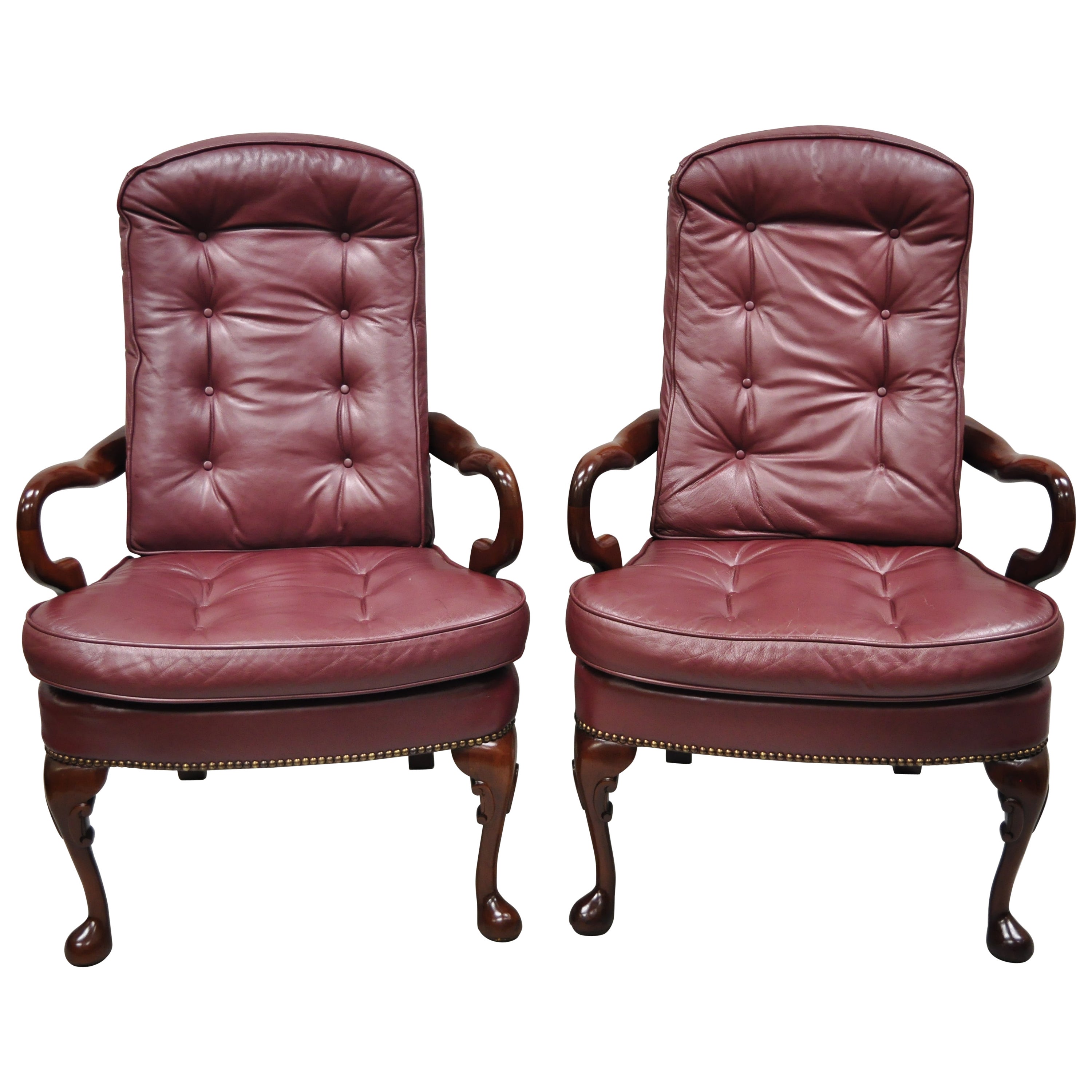 St Timothy Chair Co Burgundy Leather Queen Anne Library Office Arm Chairs, Pair For Sale