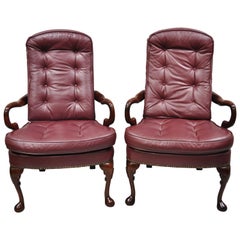 St Timothy Chair Co Burgundy Leather Queen Anne Library Office Arm Chairs, Pair
