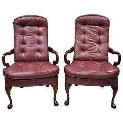 Retro St Timothy Chair Co Burgundy Leather Queen Anne Library Office Arm Chairs, Pair