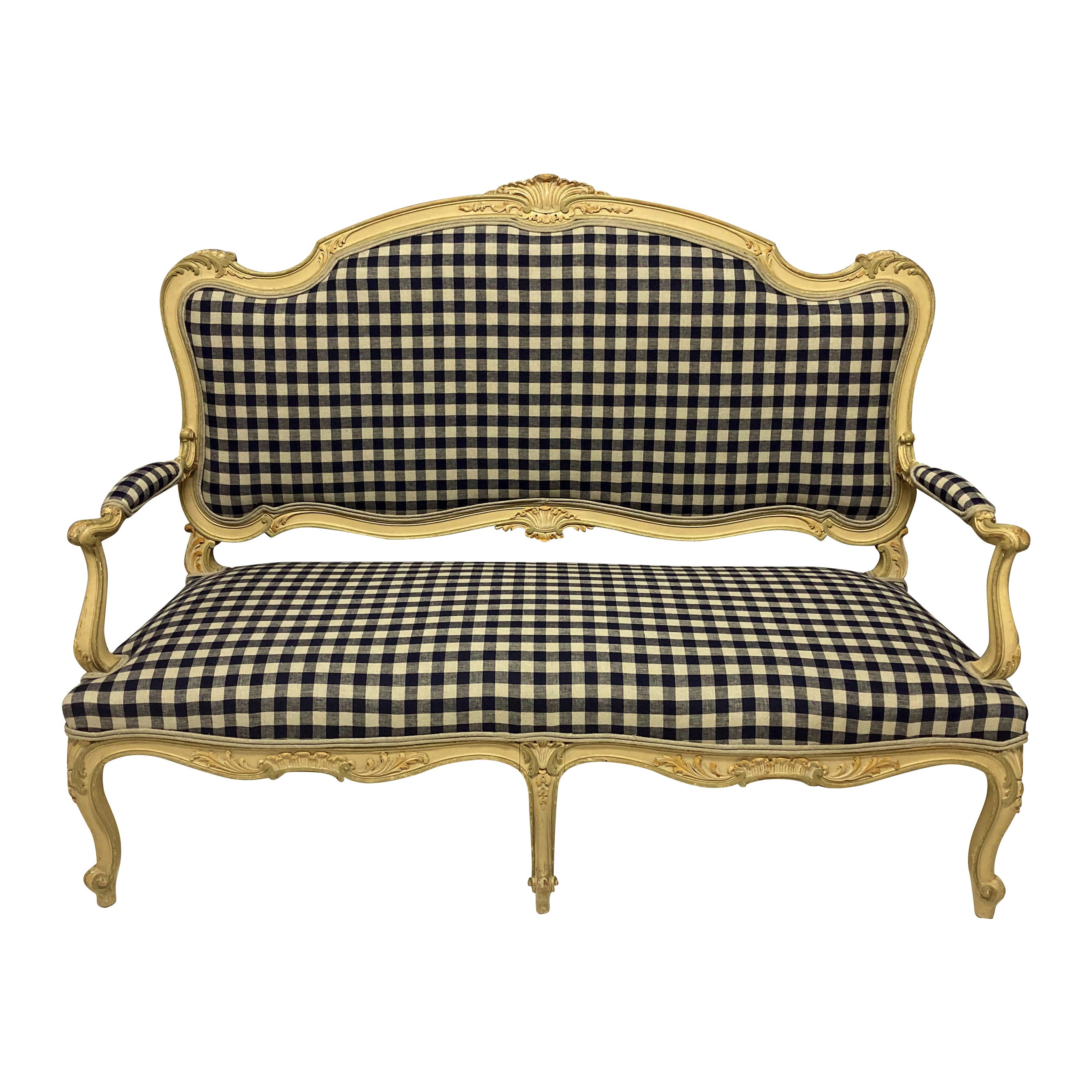 Painted Louis XV Style Canape in Navy Gingham Linen