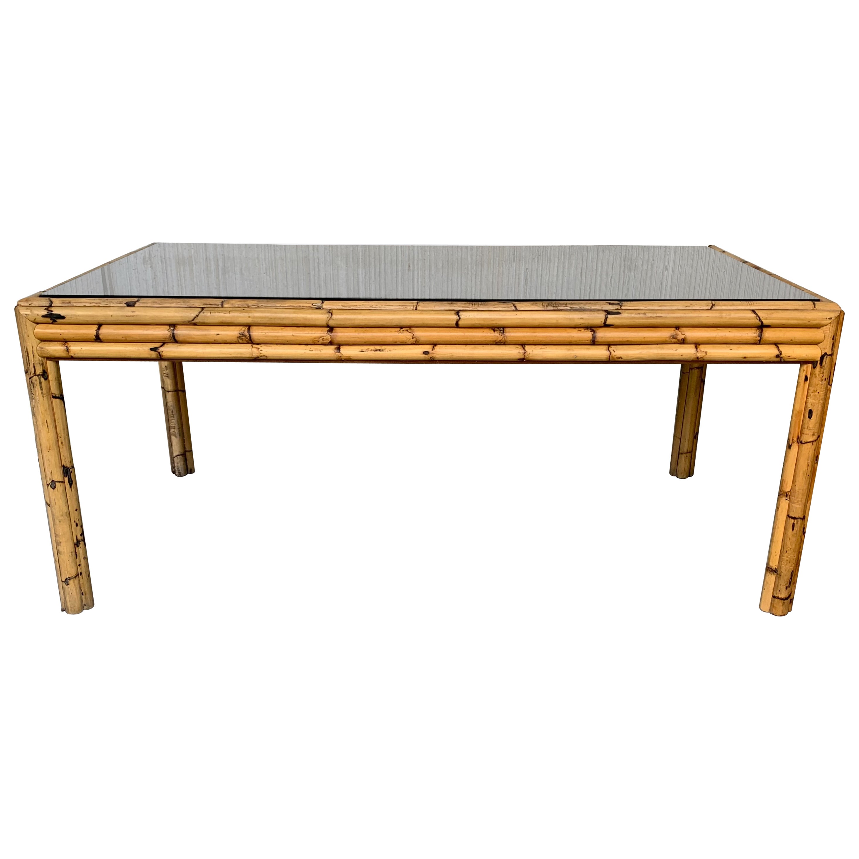 Spanish, 1980s Bamboo Glass Dining Table with Smoked Glass Tabletop For Sale