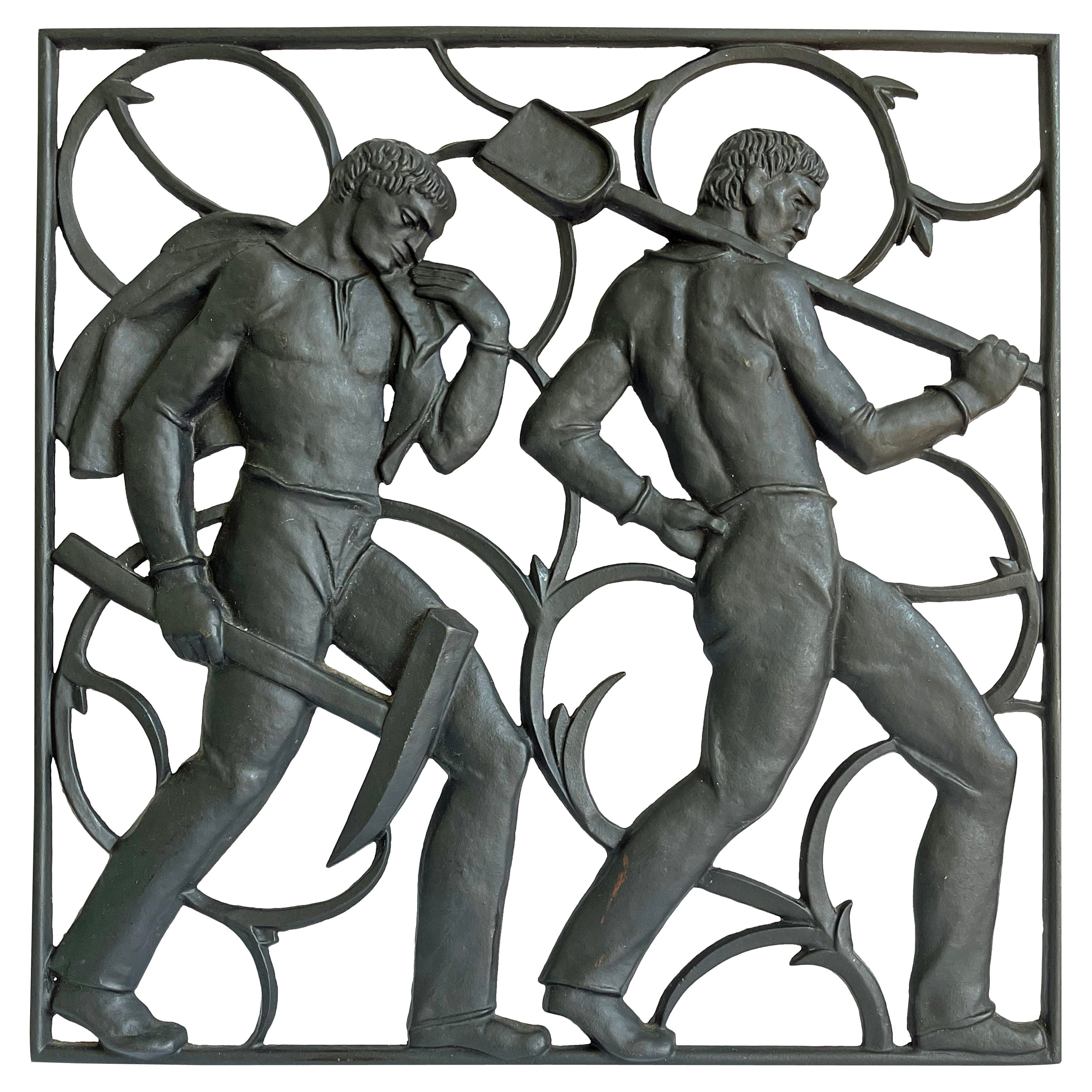 "Returning Miners, " Rare Art Deco Panel w/ Shirtless Laborers with Pick & Shovel