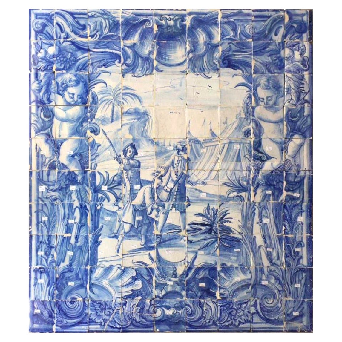 Panneau portugais « Azulejos » du 18ème siècle « Scène de bouteille » en vente