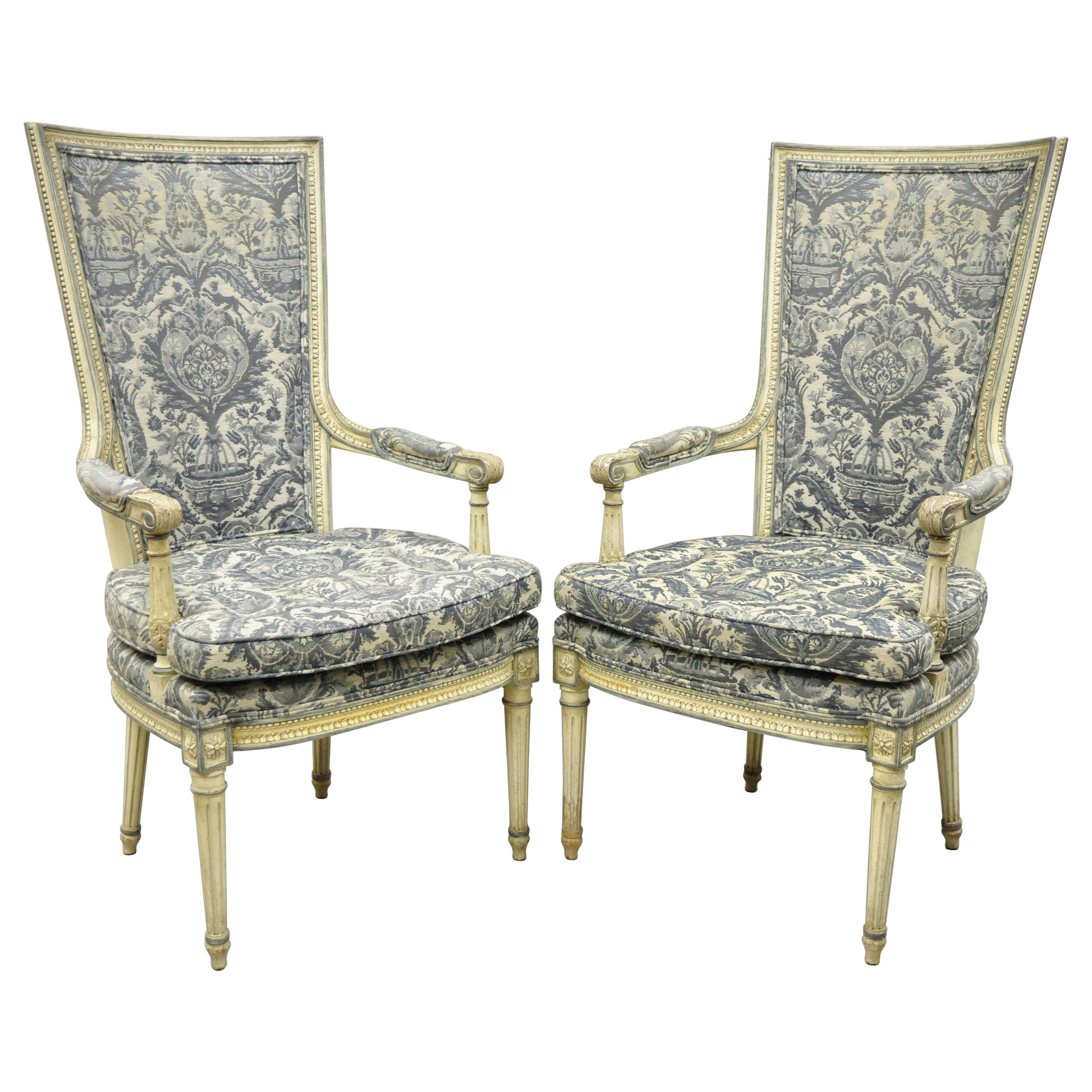 Vintage French Louis XVI Provincial Blue Cream High Back Lounge Chairs, a Pair