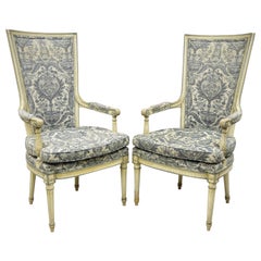 Vintage Französisch Louis XVI Provincial Blau Creme hohe Rückenlehne Lounge-Stühle:: ein Paar