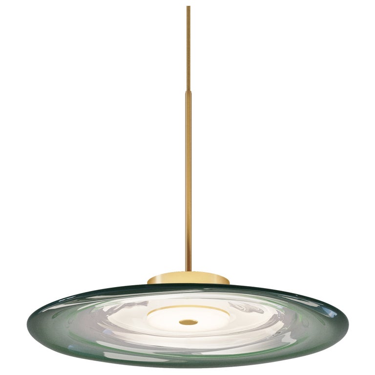 ‘Liquid Pendant Jade’ Handmade Green Gradient Glass & Satin Brass Ceiling Light For Sale