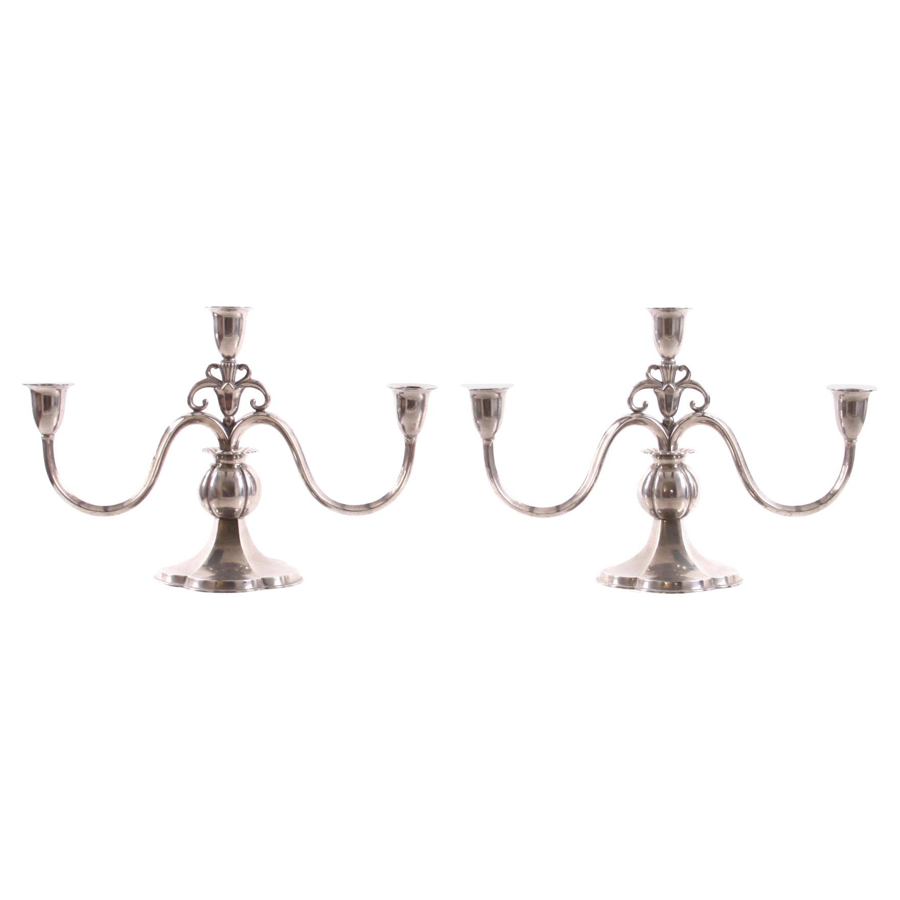 Rare Pair of Just Andersen Three Armed Candelabras, Pewter, Denmark 1930s For Sale