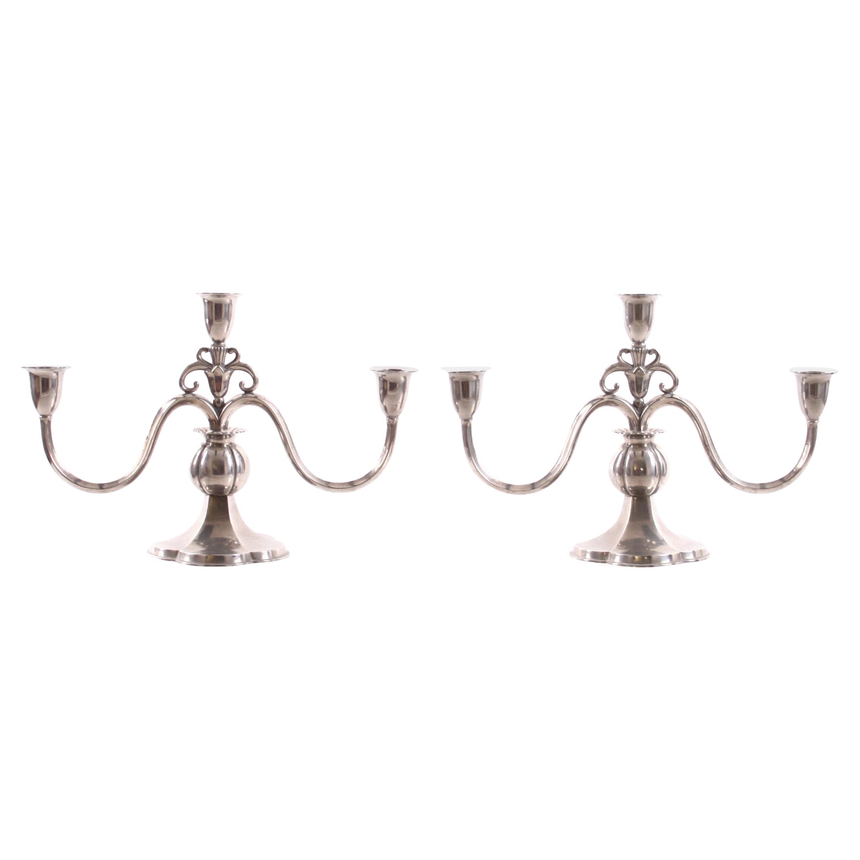 Rare Pair of Just Andersen Three Armed Candelabras, Pewter, Denmark 1930s