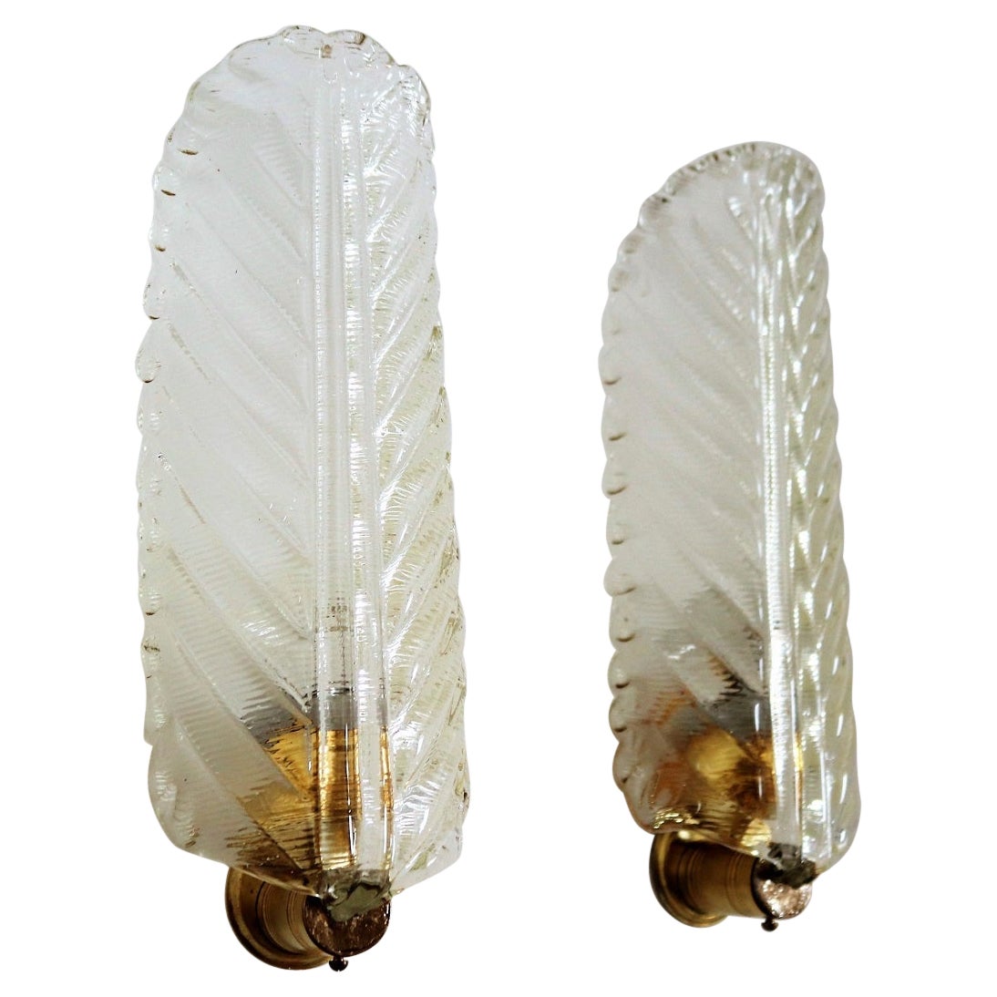 Italian Midcentury Wall Sconces Leaves in Murano Glass and Brass, 1970s