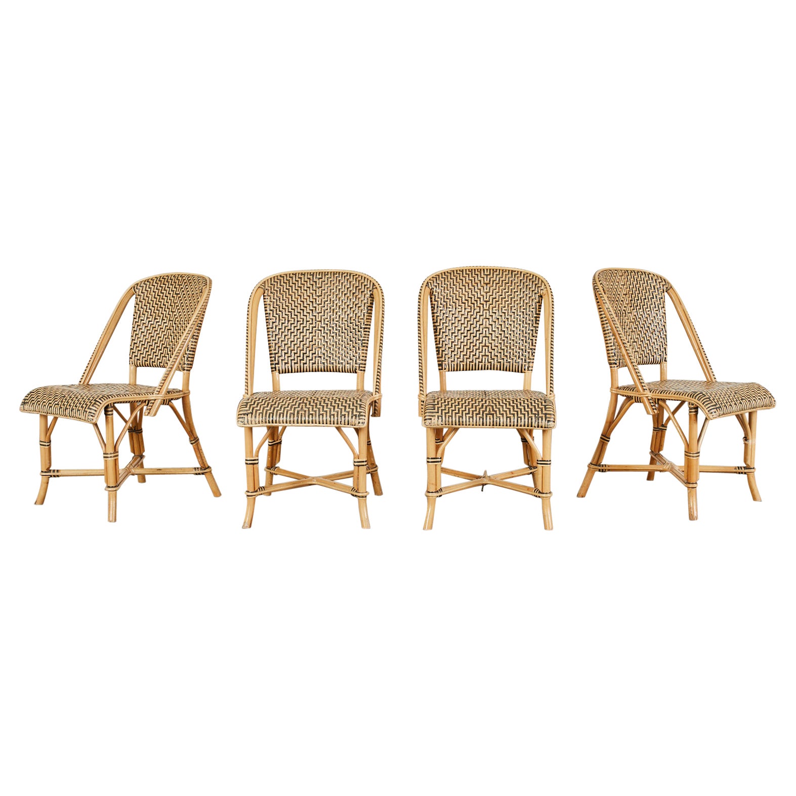 Set of Four French Art Deco Rattan Wicker Bistro Chairs