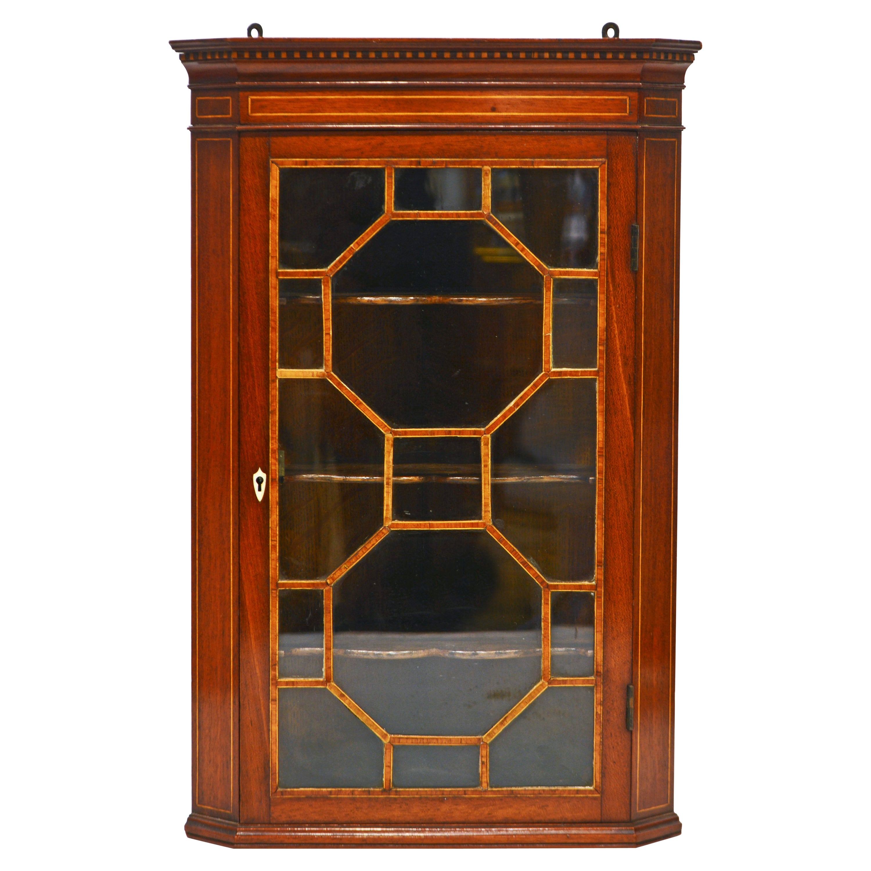 English Regency Satinwood Inlaid Mahogany Miniature Corner Cabinet, Circa 1880