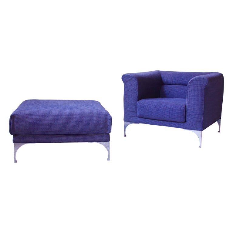 Vintage Roche Bobois Lounge Chair and Ottoman in Blue Wool and Chrome,  1990s For Sale at 1stDibs