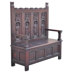 Antique Belgian Renaissance Revival Oak Storage Hall Bench w/ Religious Figures