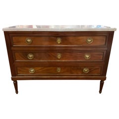 French Louis XVI, Style Mahogany White Marble Top Commode/Chest