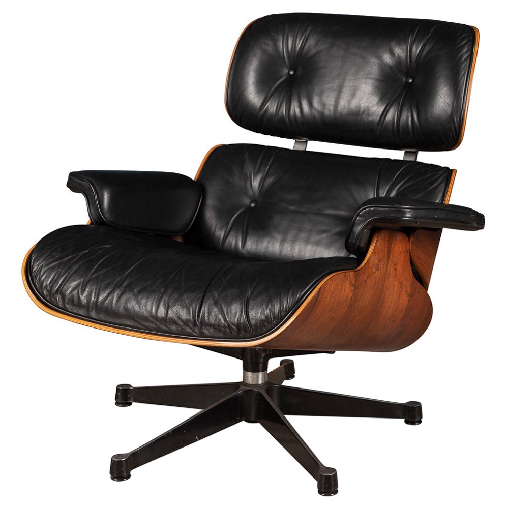 Iconic Eames Black Leather Lounge Chair by Vitra, c.1980