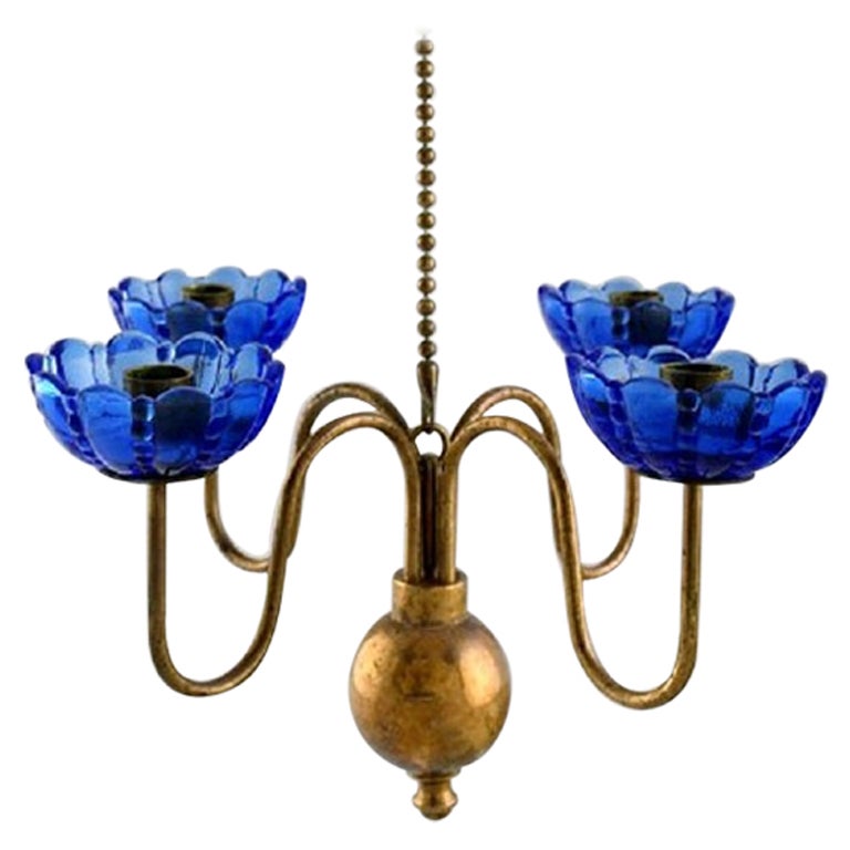 Gunnar Ander for Ystad Metall. Chandelier for 4 Candles in Brass and Art Glass