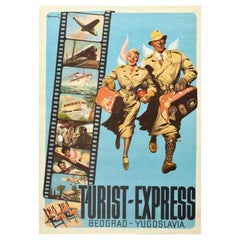 Affiche rétro originale Belgrade Yugoslavia Turist Express, Dessin de voyage de vacances