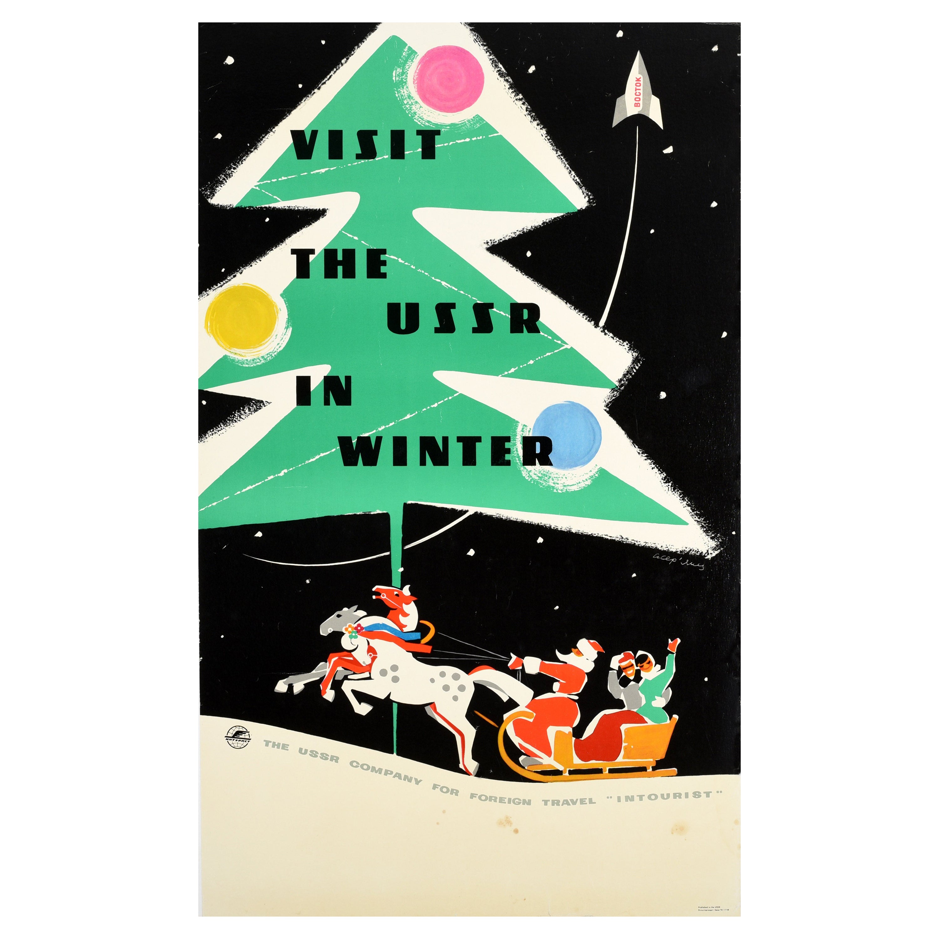 Original Vintage-Reiseplakat „Intourist“, Besuchen Sie die UdSSR im Winterraum, Rakete