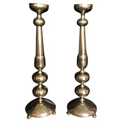 Art Deco Style Monumental Pair of Silver Metal Candle Holders Floor Sculptures