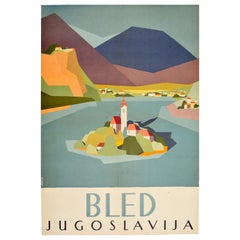 Original Vintage Travel Poster Lake Bled Island Yugoslavia Mountains Midcentury