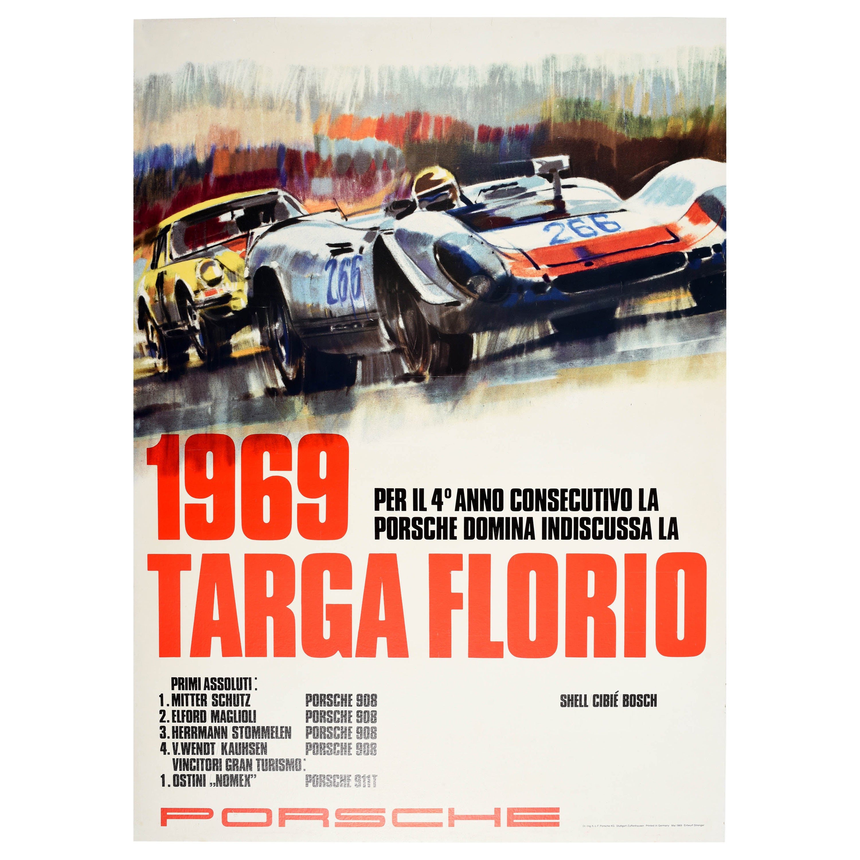 Affiche rétro originale Porsche, Targa Florio, course automobile, victoire 908 911T, 1969
