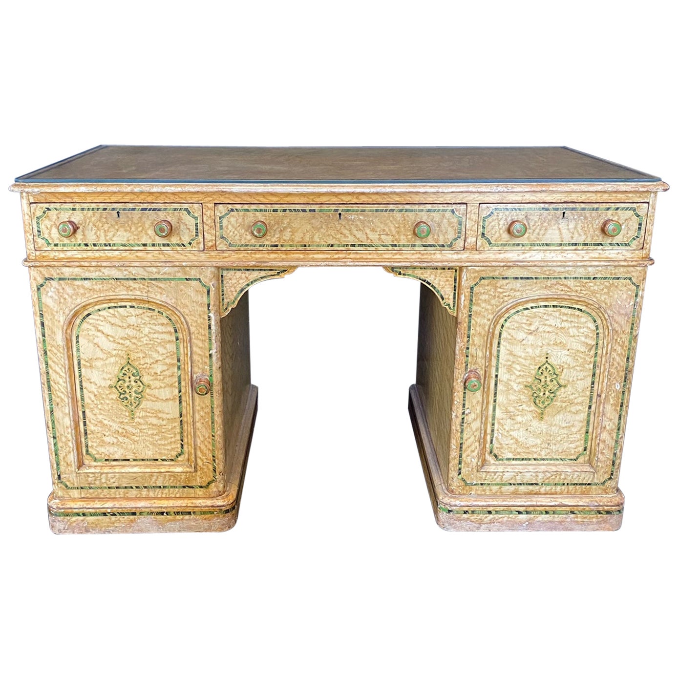 Magnificent English 19th Century Faux Painted Marbleized Pedestal Writing Desk