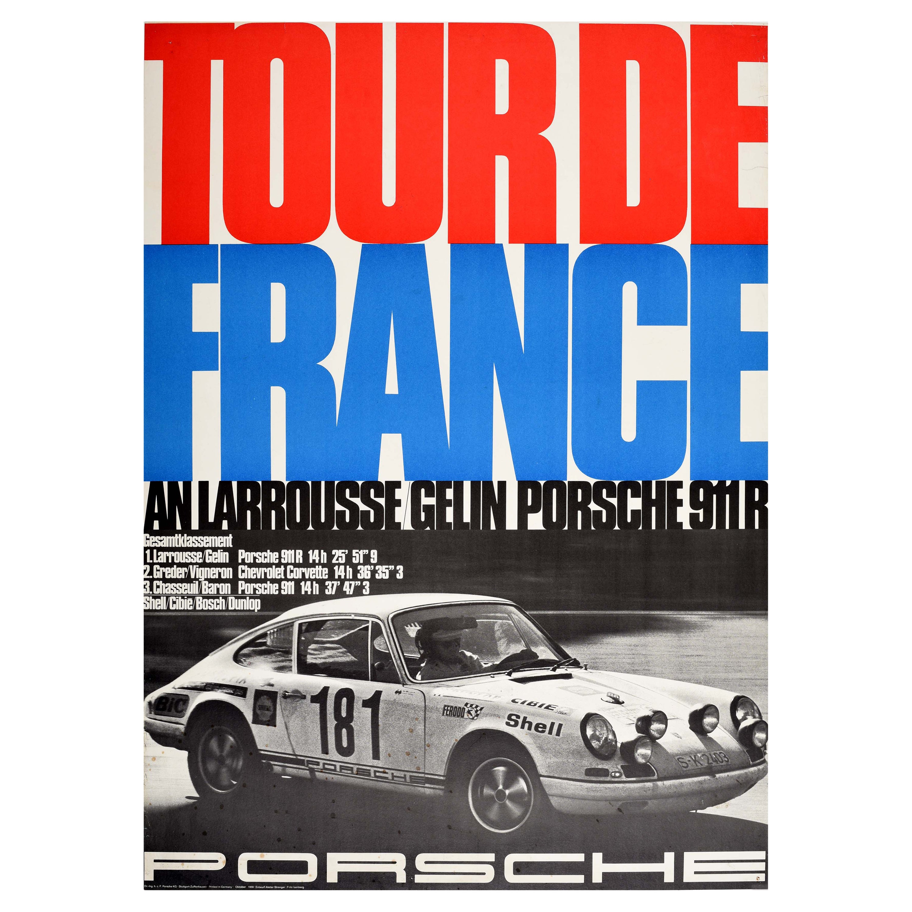 Original Vintage Poster Porsche 911 Tour De France Auto Racing Larrousse Gelin