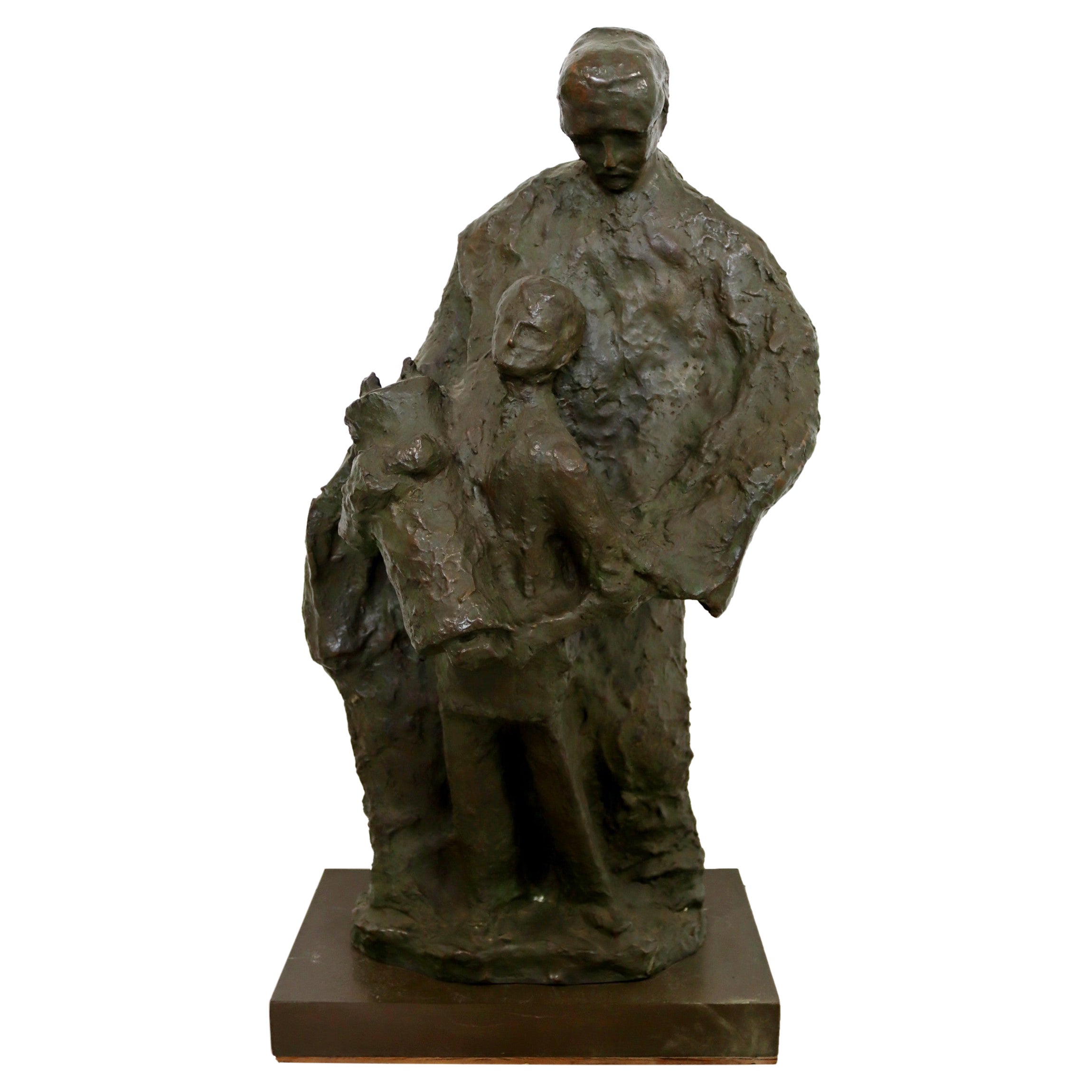 Mid-Century Modern Father with Son Holding the Torah Bronze Sculpture