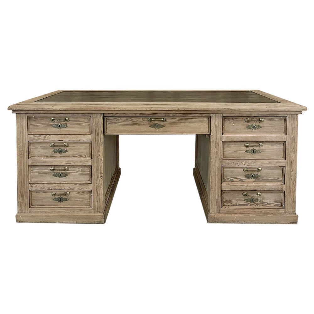 Antique English Executive Desk with Faux Leather in Stripped Pine